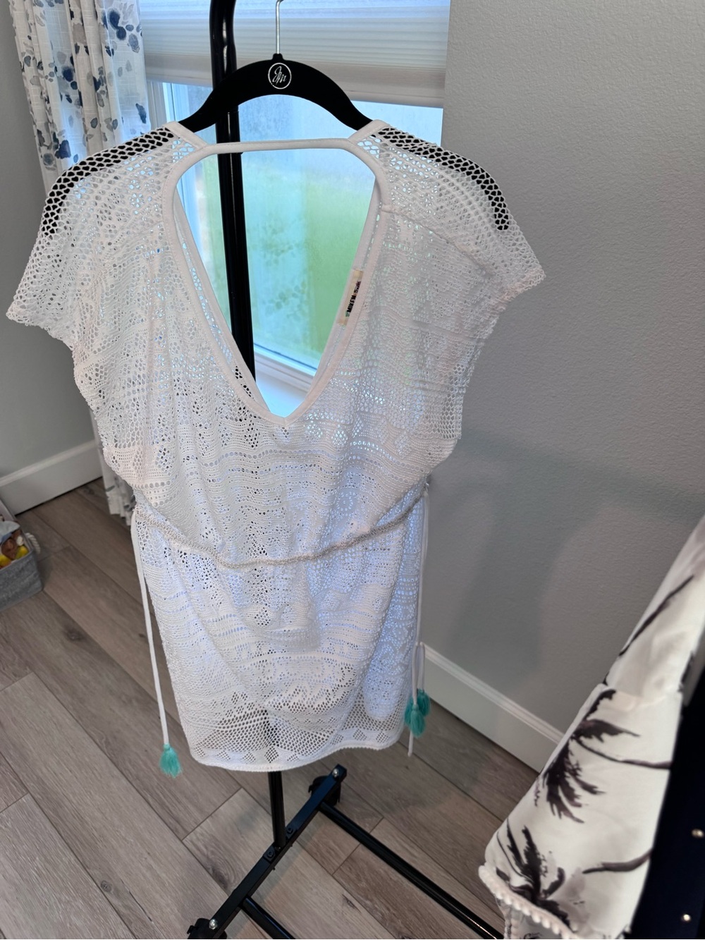 Miken White Crochet Swim Cover-Up with Tassel Accents